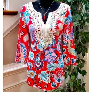 Talbots Petite Paisley Tunic with Crochet Lace Collar Size MP